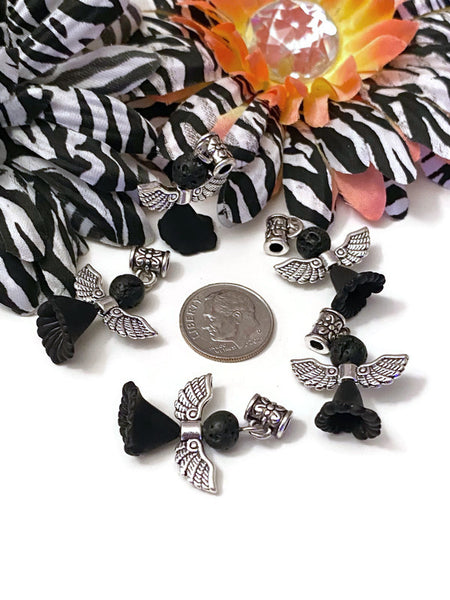 5 Pc Black Lava Stone Bead Angel Awareness Charms - Cancer Support Melanoma POW's Narcolepsy Sleep Disorders Hope Cure Survivor Angel Faith